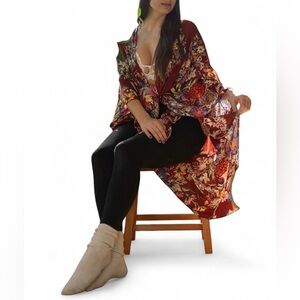 SAACHI Burgundy Red Flowy Floral Kimono Robe Cover-Up Duster Bohemian Sheer Boho
